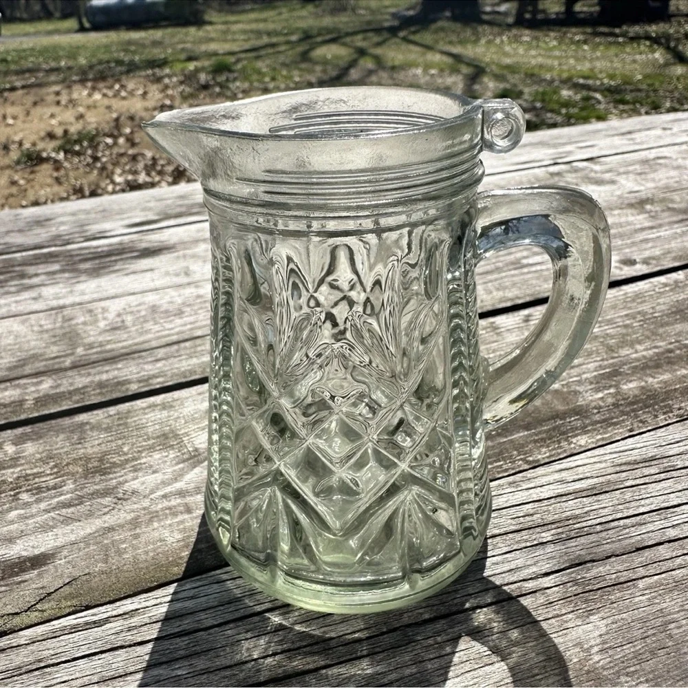 Vintage Anchor Hocking Crown Point Glass Pitcher Pint Size Clear Diamond Pattern